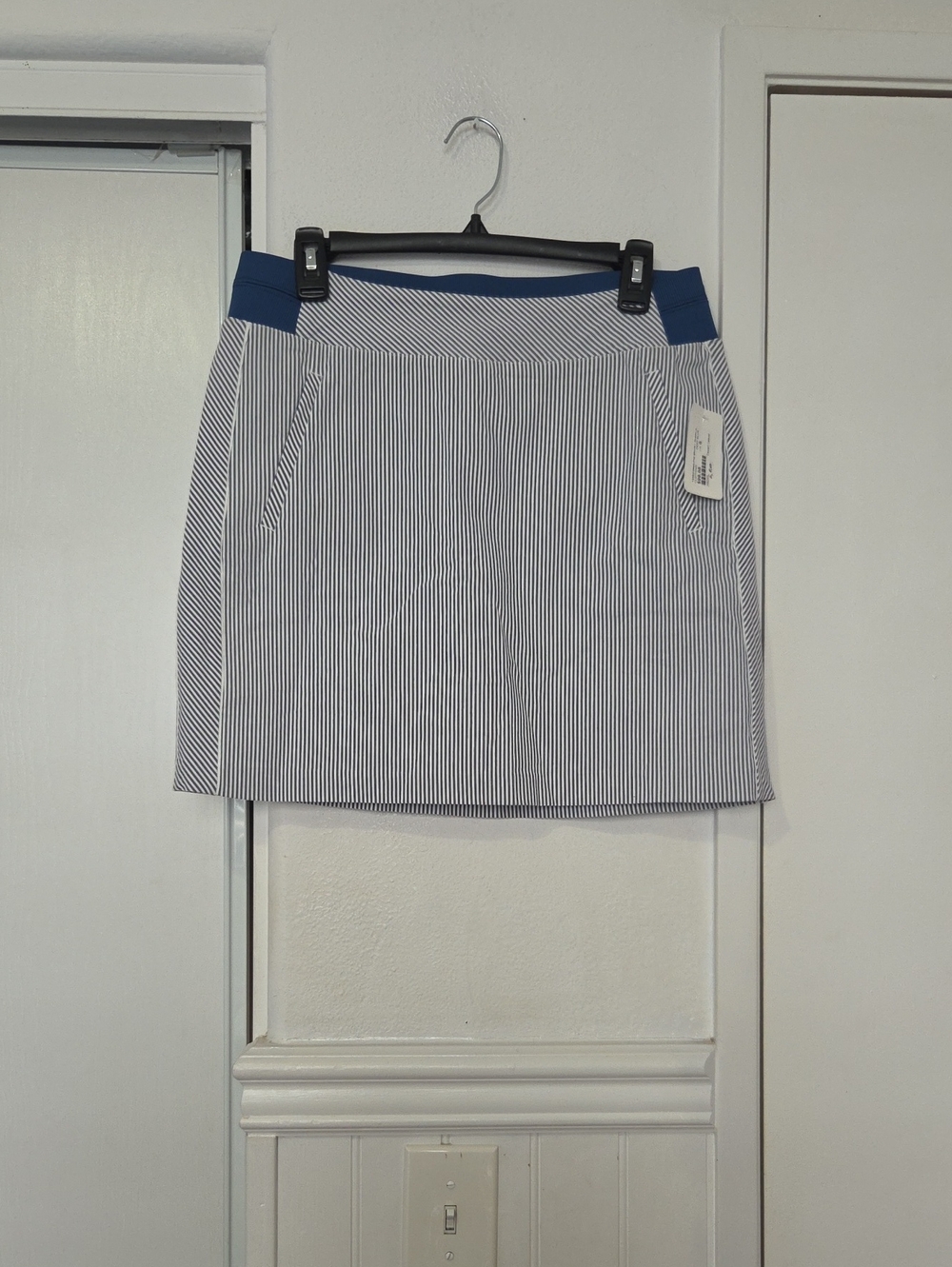Tribal Navy and White Pinstripe Mini Skirt with Blue Waistband